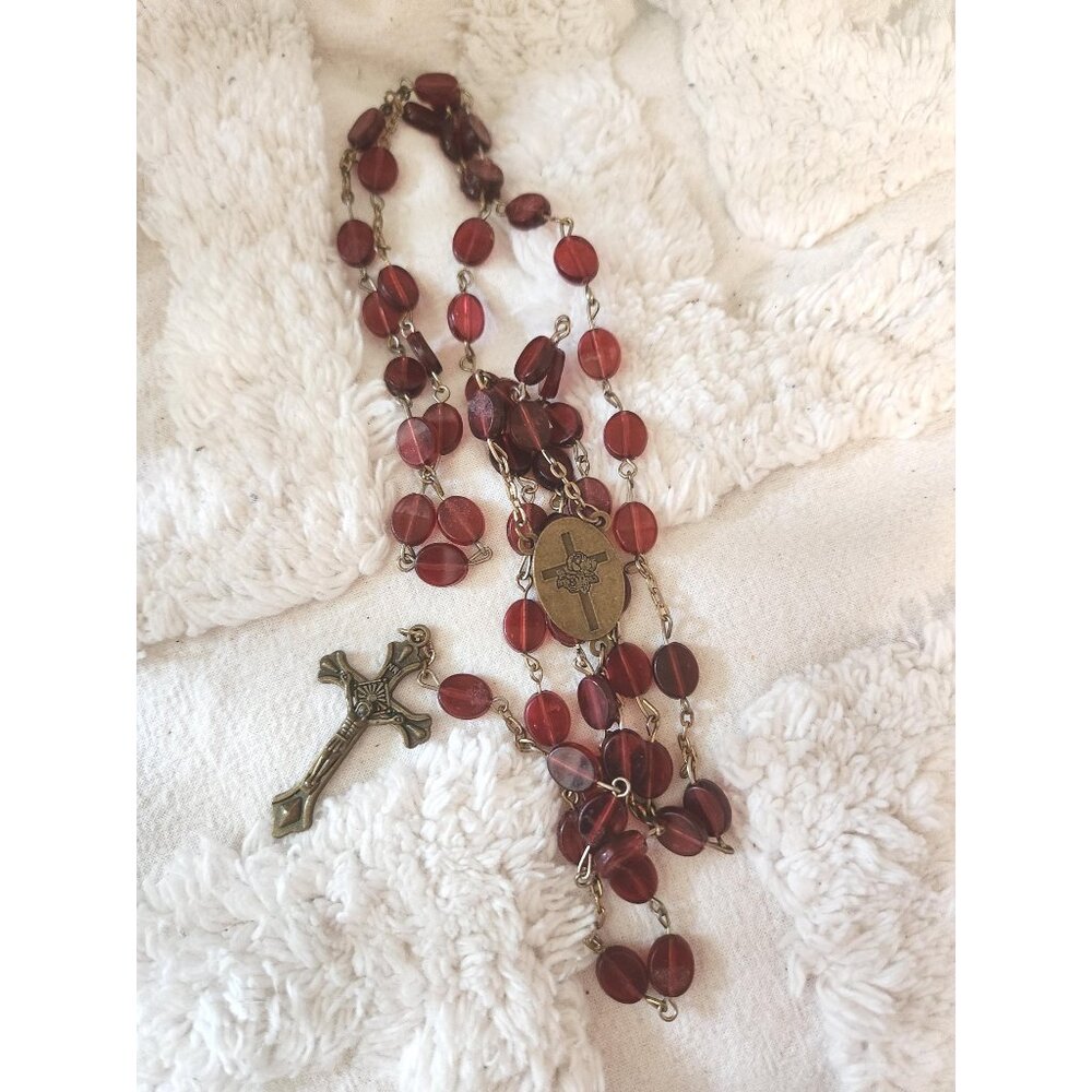 Vintage Red Glass Rosary Necklace – Bronze Cross & Medal